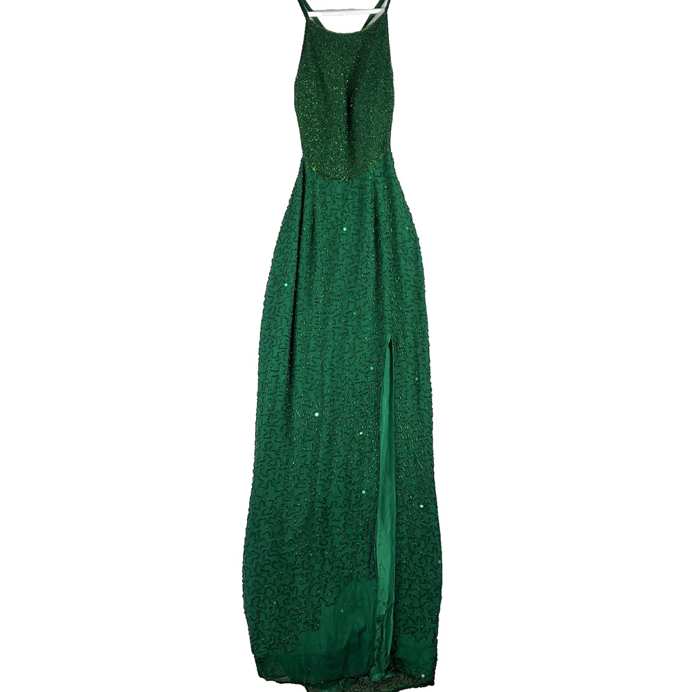 Andretta Donatello Green Beaded Formal Dress Small Pure Silk Floor-Length Read